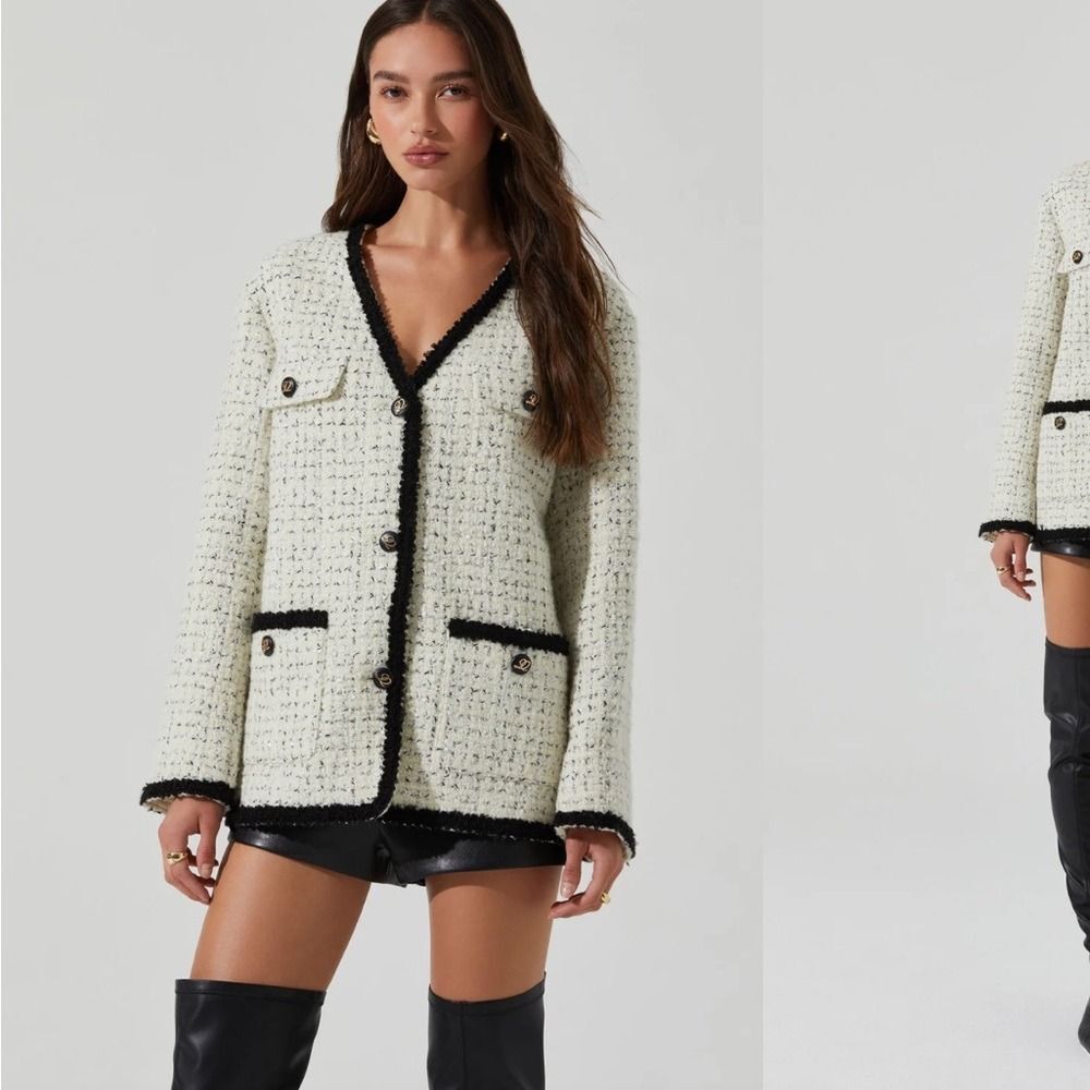 Astr Women's Cream Tweed Blazer with Black Accents
